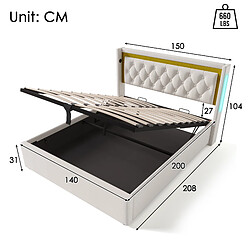 MIVRAY Lit coffre 140x200 cm, Lit double, LED et recharge USB Type C, coton beige pas cher