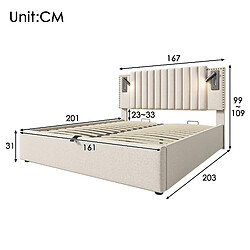 MIVRAY Lit coffre 160x200, Lit double adulte, tête de lit réglable, coton, beige pas cher