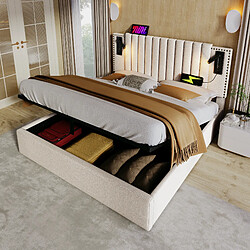 Avis MIVRAY Lit coffre 160x200, Lit double adulte, tête de lit réglable, coton, beige