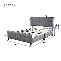MIVRAY Lit double 140x200 cm, LED 16 couleurs et tête de lit réglable, velours gris pas cher
