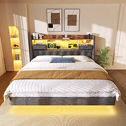 Acheter MIVRAY Lit double 140x200 cm avec LED et recharge, lin gris