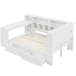 Acheter Lit plateforme 140x200 cm - Modenvie - bureau intégré et rangement - Blanc