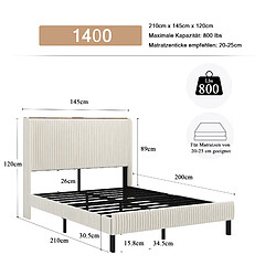 Avis Lit Double 140x200 cm - Modenvie - structure métal et tissu velours côtelé - Beige