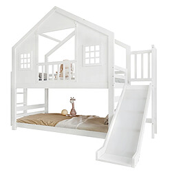 Lit Enfant Surélevé 90x200 cm - Modenvie - avec toboggan et barrières - Blanc pas cher