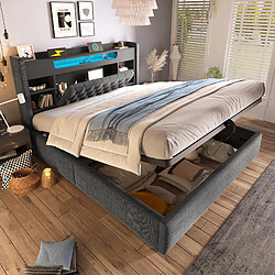 Avis MIVRAY Lit coffre adulte 180x200 cm Lit double avec LED et ports de charge, tissu lin gris