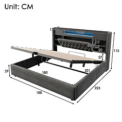MIVRAY Lit coffre adulte 180x200 cm Lit double avec LED et ports de charge, tissu lin gris pas cher