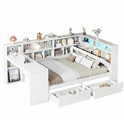 Lit plateforme 140x200 cm - Modenvie - bureau intégré et rangement - Blanc pas cher