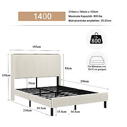 MIVRAY Lit double 140x200 cm, structure stable, tissu côtelé beige crème pas cher