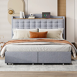 Avis MIVRAY Lit double adulte 140x200 cm avec USB et 4 tiroirs, tissu rembourré, gris