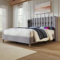 Avis MIVRAY Lit double adulte 140x200 cm, avec charge USB Type C, lin, gris