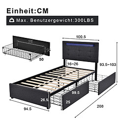 Avis Lit simple 90x200 cm Modenvie avec LED et 2 tiroirs en lin gris