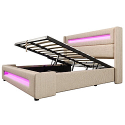 Acheter Lit Coffre Double 140x200 cm Modenvie avec LED et USB-C tissu effet lin Beige