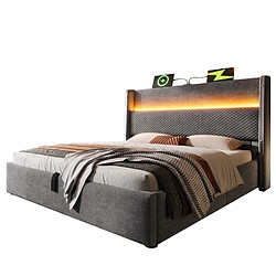 Lit Coffre 160x200 cm Modenvie LED USB Type C Gris avec matelas pas cher