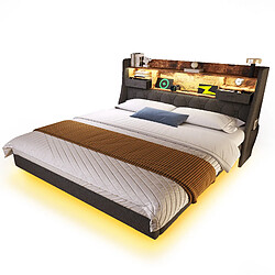 Lit Double 160x200 cm Modenvie LED, USB, rangement tête de lit, lin gris pas cher