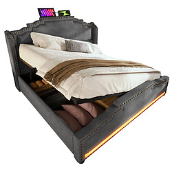 Lit Coffre 140x200 cm Modenvie - LED, USB, velours gris pas cher