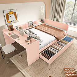 Avis MIVRAY Lit adulte 140x200 cm avec bureau et tiroirs, bois, rose