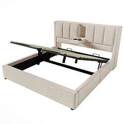Acheter MIVRAY Lit double Lit rembourré 140x190 cm, station de charge et porte gobelet, Lin Beige
