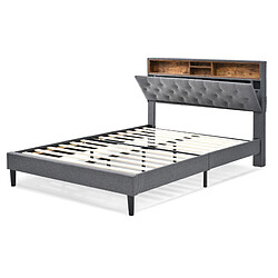 Acheter Lit Double Modenvie 140x200 cm avec rangement tête de lit et LED gris