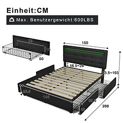 Avis Lit Double 140x200 cm Modenvie avec 4 tiroirs et tete de lit LED Noir