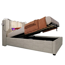 Lit Coffre 90x200 cm - Modenvie - USB et liseuse - Lin - Beige pas cher