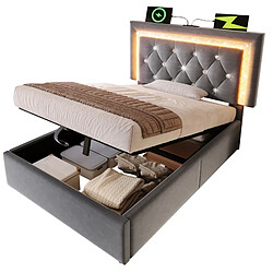 Lit Coffre Modenvie 90x200 cm - LED et USB Type-C - Gris avec matelas pas cher