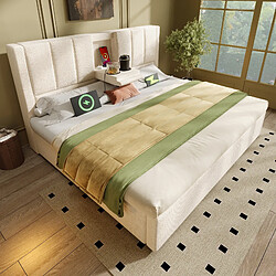 Avis MIVRAY Lit double Lit rembourré 140x190 cm, station de charge et porte gobelet, Lin Beige