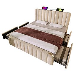 Lit Double 180x200 cm Modenvie avec 4 tiroirs et USB Type-C en lin beige pas cher