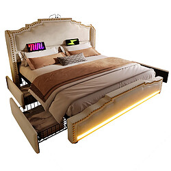 Lit Double Modenvie 140x200 cm LED USB en Velours Beige pas cher