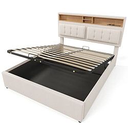 Acheter Lit Coffre 140x200 cm Modenvie avec rangement et USB-C en lin beige