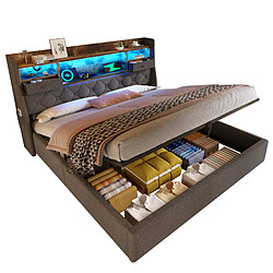 Lit Coffre 160x200 Modenvie LED USB Gris avec matelas pas cher