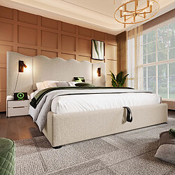 Avis MIVRAY Lit coffre adulte 160x200 cm avec lampe de lecture et USB C, lin beige