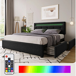 Lit Double 140x200 cm Modenvie avec 4 tiroirs et tete de lit LED Noir pas cher