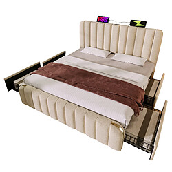 Lit Double Modenvie 140x200 cm avec 4 tiroirs, USB et USB-C - Beige pas cher