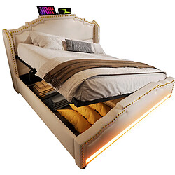 Lit Coffre Modenvie 140x200 cm avec LED et USB Type C Beige pas cher
