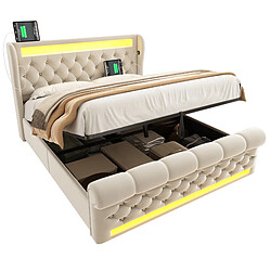 Lit Coffre Modenvie 140x200 cm LED USB C Velours Beige pas cher