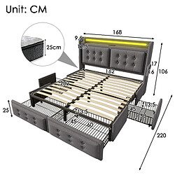 Avis Lit Coffre 160x200 cm Modenvie rangement LED USB avec 4 tiroirs Gris