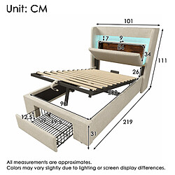 Avis Lit Coffre 90x200 cm Modenvie rangement hydraulique LED USB Beige