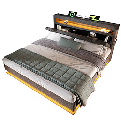 Lit Coffre Double 180x200 cm Modenvie avec LED et USB en lin gris pas cher