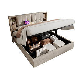 Lit Coffre 140x200 cm - Modenvie - rangement avec recharge sans fil et USB - Lin - Naturel pas cher