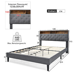 Avis Lit Double Modenvie 140x200 cm avec rangement tête de lit et LED gris