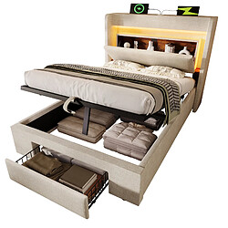 Lit Coffre 90x200 cm Modenvie rangement hydraulique LED USB Beige pas cher