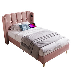 Lit Simple 90x200 cm Modenvie USB et USB-C en velours rose pas cher