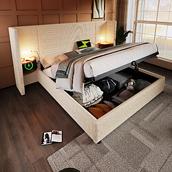 Avis MIVRAY Lit coffre adulte 180x200 cm, lampe de lecture et USB, velours côtelé, beige