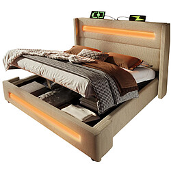 Lit Coffre Double 140x200 cm Modenvie avec LED et USB-C tissu effet lin Beige pas cher