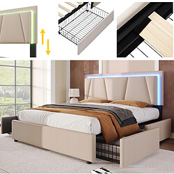 Lit Coffre 140x200 cm Modenvie LED et 4 tiroirs Beige pas cher