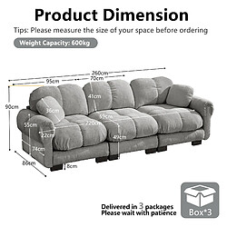 MIVRAY Canapé 3 places modulable 260x86x90cm dossier ergonomique, en chenille, Gris clair pas cher