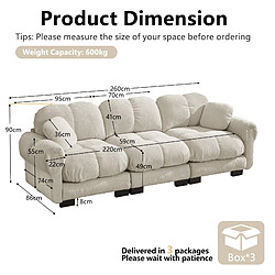 MIVRAY Canapé 3 places modulable 260x86x90cm dossier ergonomique, en chenille, Kaki clair pas cher