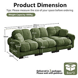 MIVRAY Canapé 3 places modulable 260x86x90cm dossier ergonomique, en chenille, vert pas cher