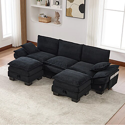Avis STILVORA Canapé 3 places 260/132/84 cm noir en velours côtelé avec 2 poufs modulables
