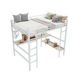 Lit Mezzanine 90x200 cm Modenvie avec bureau et étagères en métal blanc pas cher